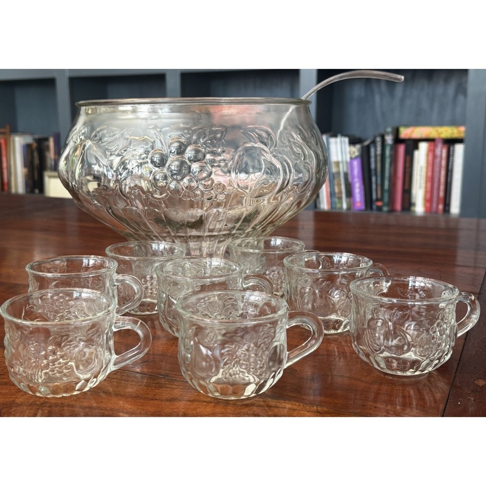 Vintage Fruit Clear Jeanette Complete Punch Bowl Set w/ 8 Cups, 7 Hooks, Ladle